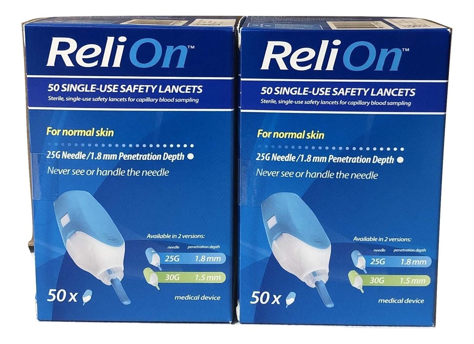 ReliOn Safety Lancets, 6" Tote, Bundle 50 Single Use 25G 50 Count (Pack of 2)