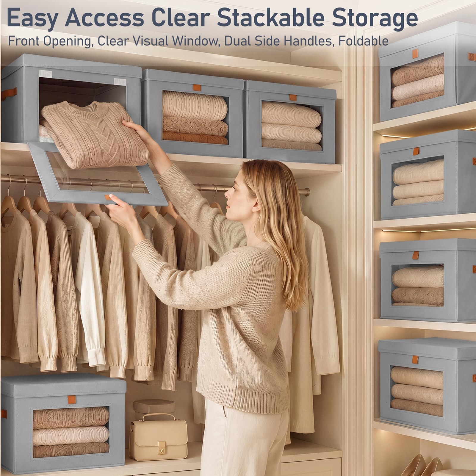 Storage Bins with Lids - 5 Pack Front Opening Stackable Fabric Storage Boxes ...