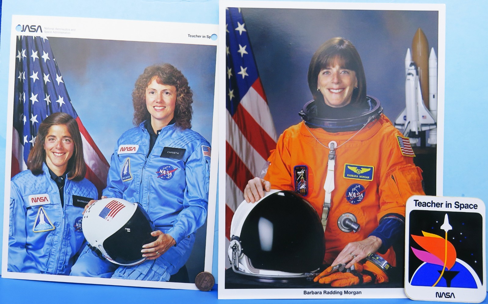NASA photo litho Pair & STICKER vtg CHALLENGER STS-51L McAuliffe Teacher Morgan