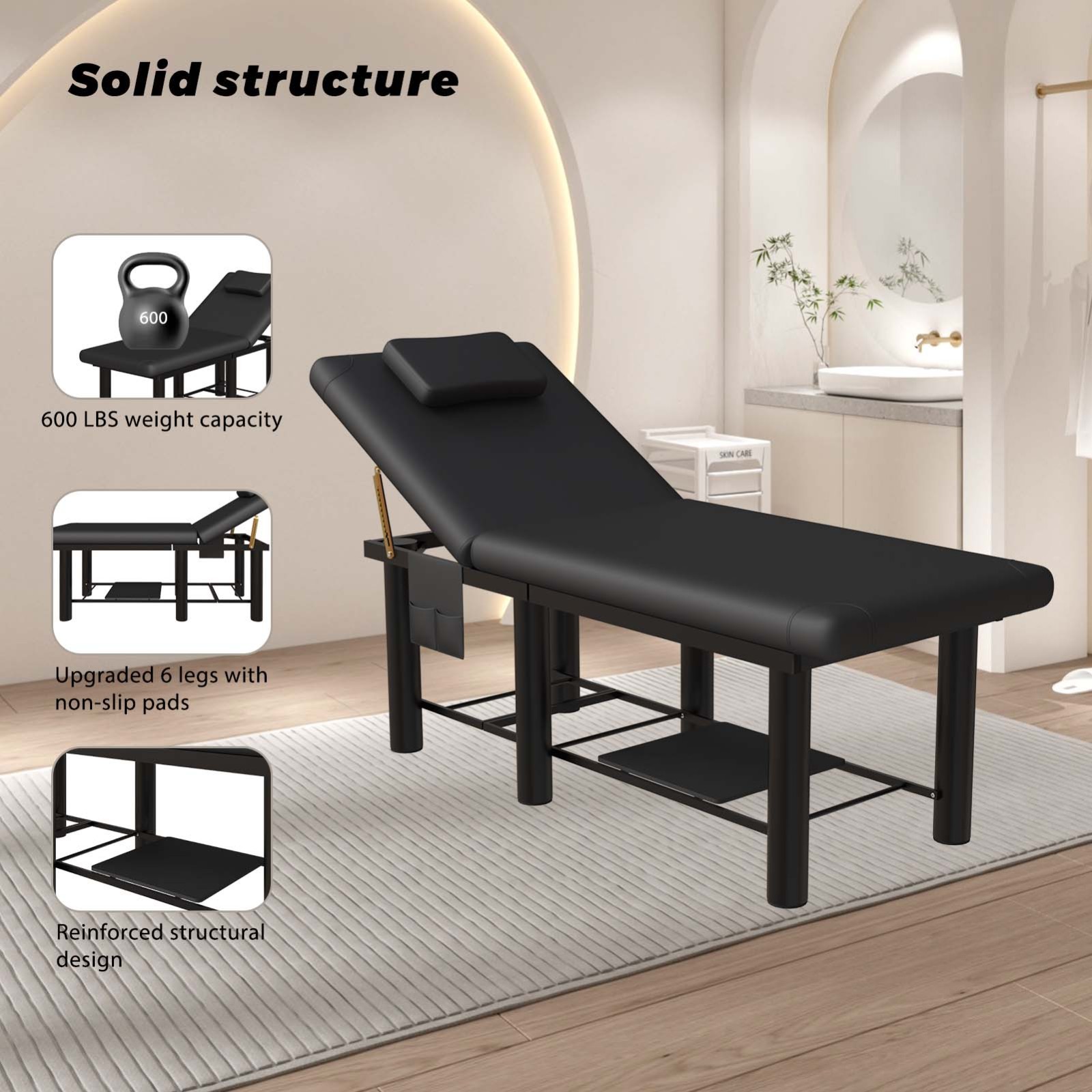 6 Leg Massage Table Spa Table 30° Adjustable Backrest 600Lbs Beauty Bed Black