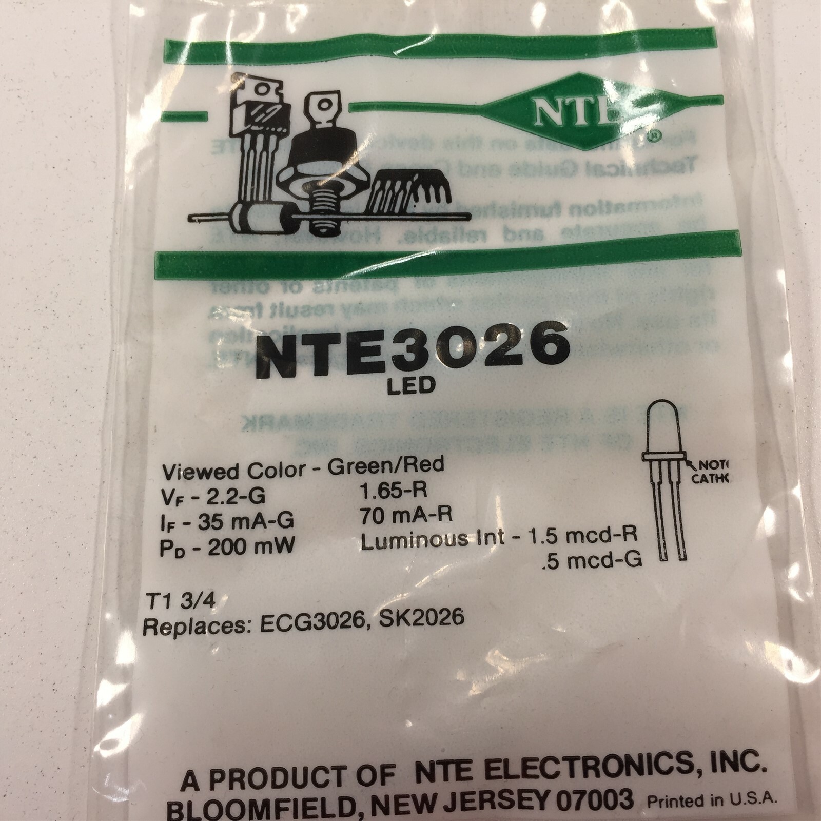(2) NTE3026 Light Emitting Diode (LED) Red/Green - Lot of 2