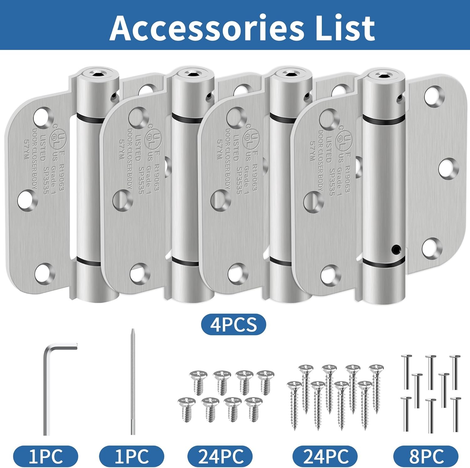 4 Pack 3.5 Inch Spring Loaded Self Closing Door Hinges with 5/8" Radius Corners