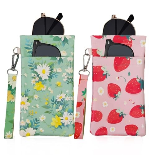 Double Eyeglass Case Soft Dual Glasses Case for 2 Pink Strawberry+green Daisy