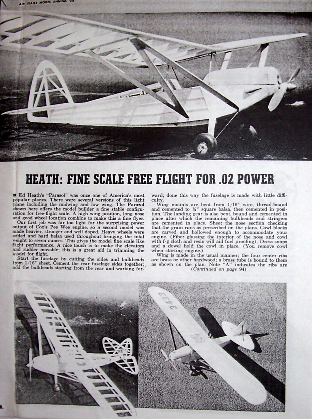 HEATH PARASOL PLAN + CONSTRUCTION ARTICLE FF / RC COX .02 SCALE Model Airplane