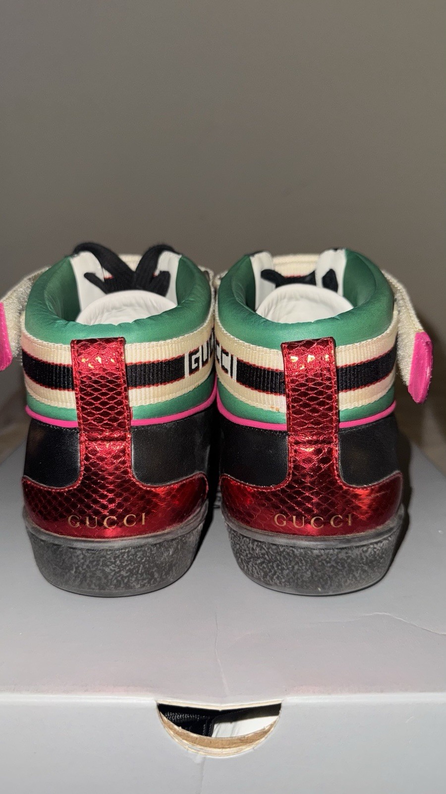 Gucci Ace Stripe High-Top Sneakers (Black/Red/Green,2018)