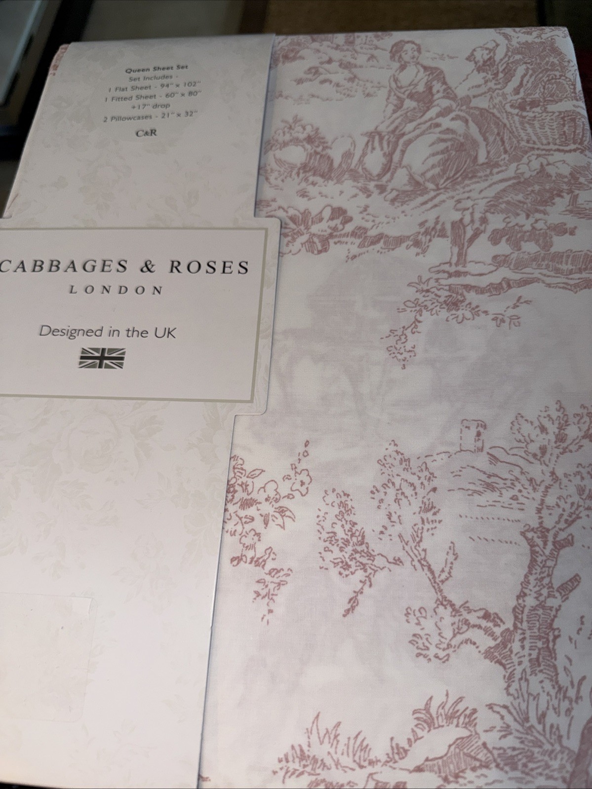 Cabbages and Roses Queen Sheet Set Country Toile Rose Pink Cotton New