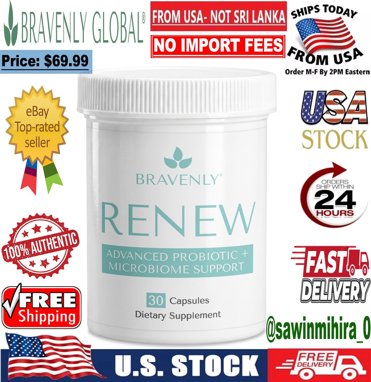 Bravenly Renew Probiotic 30 Capsules 25 Billion CFU Gut Microbiome Support NEW🌿