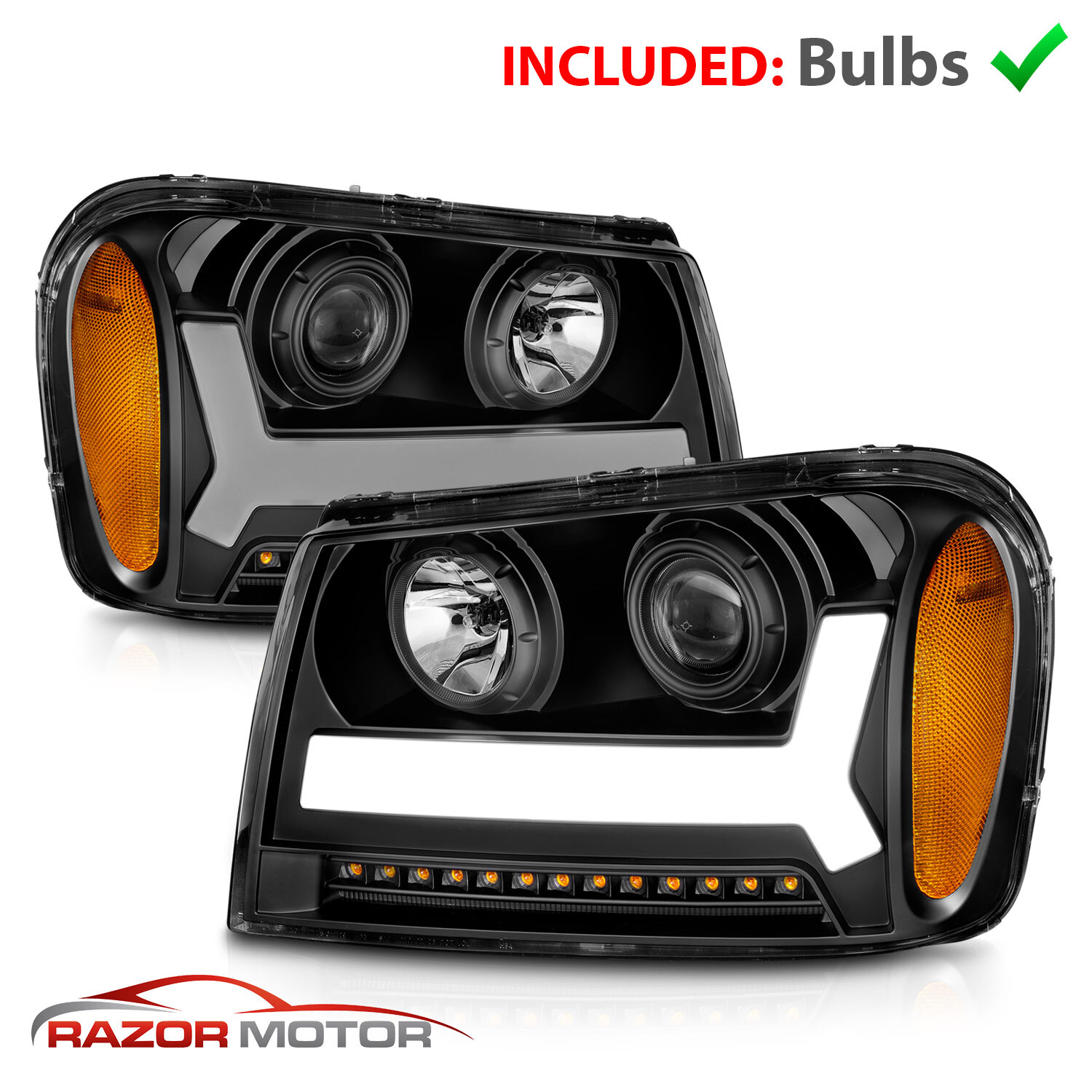 For 2006-2009 Trailblazer Black Headlights LED bar Headlight pair