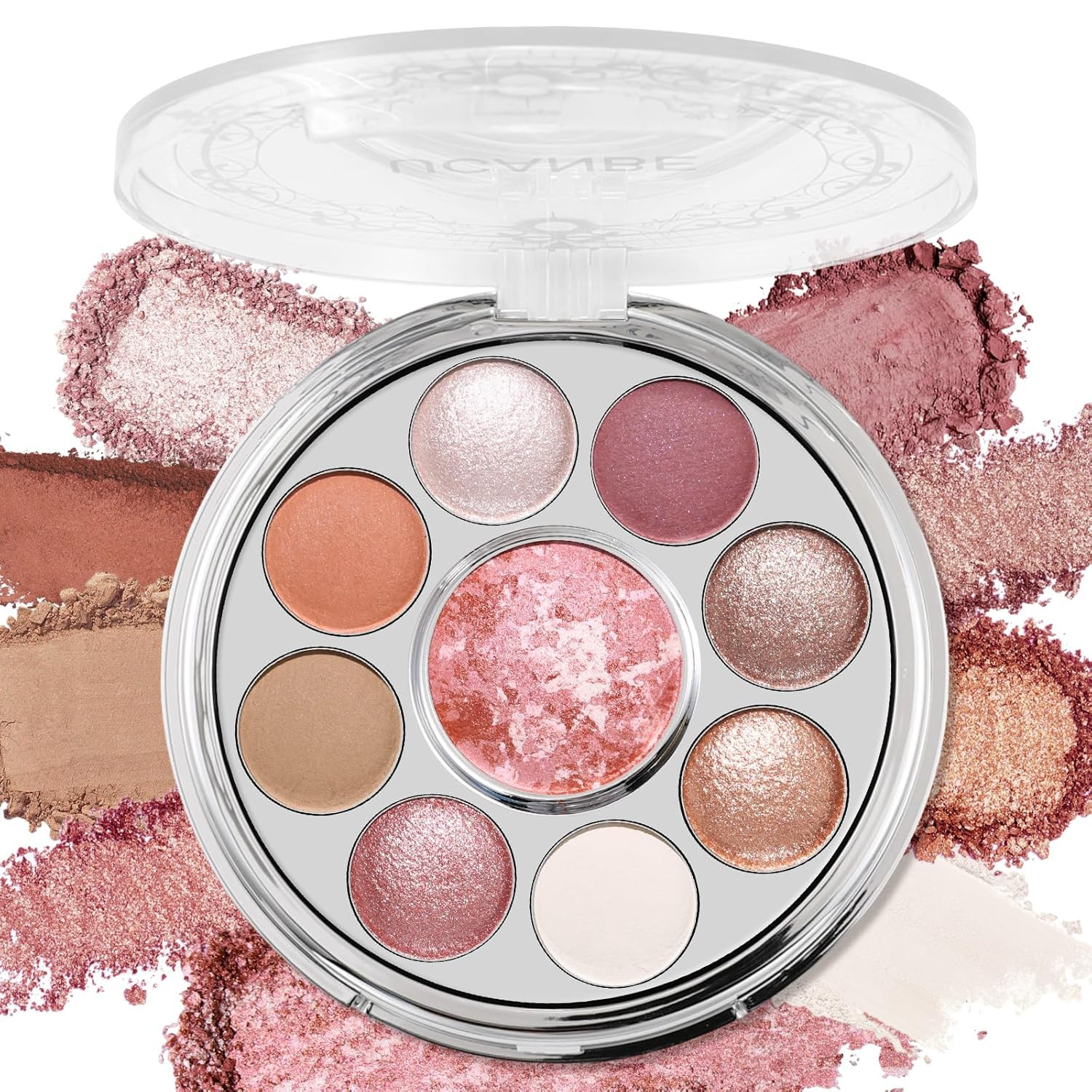 Baked Eyeshadow Palette with Blush, 9 Color Rose Pink Eye Shadow & Cheek Makeup