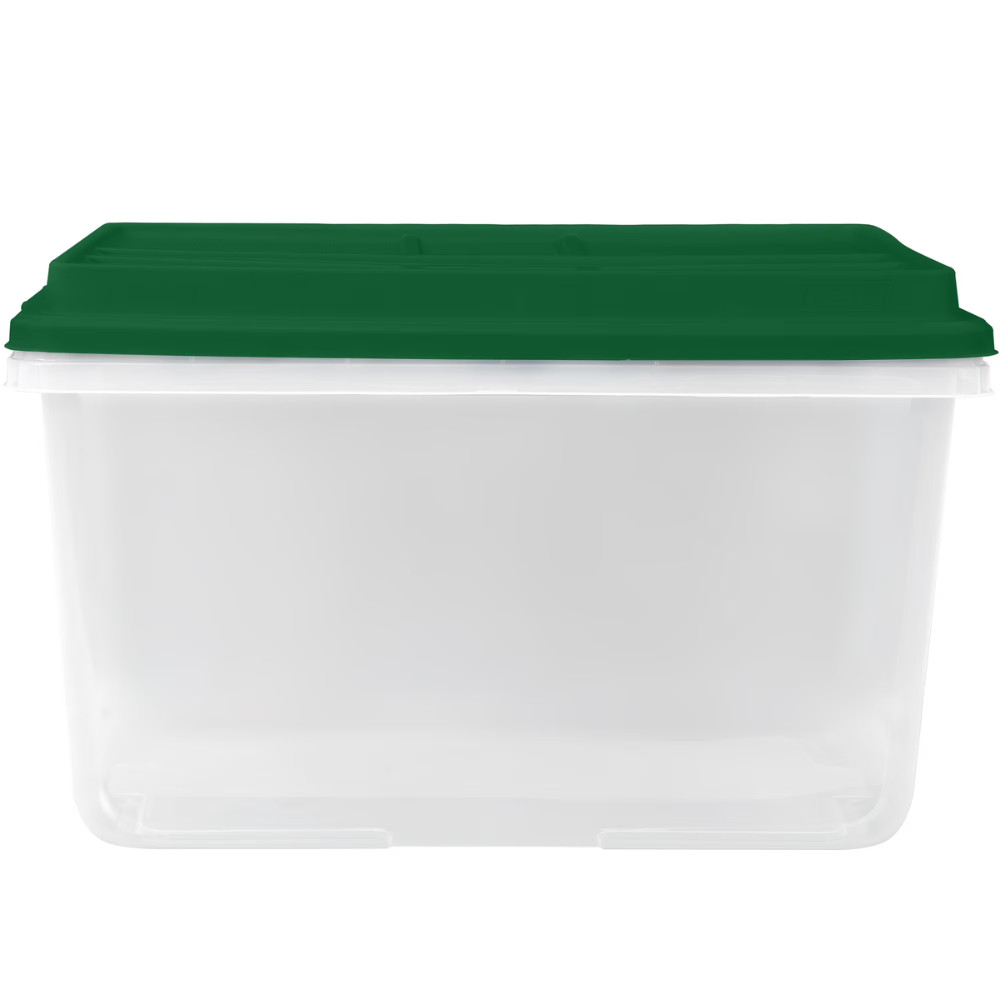 Hefty 72 Qt Clear Plastic Storage Bin, Green Hi-Rise Lid, Stackable Tote, 6 Pack