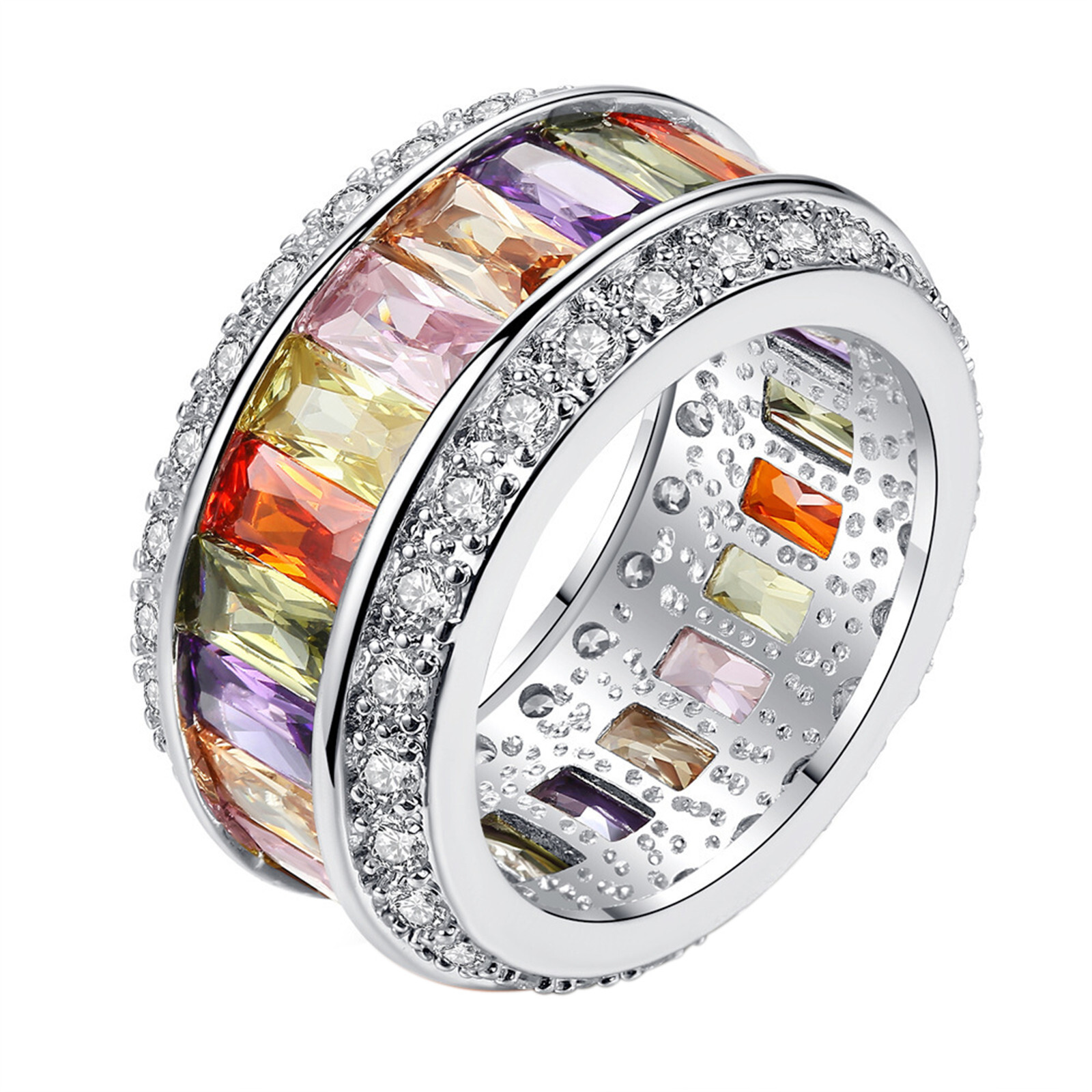 Womens Colorful Princess Cut Cubic Zirconia Eternity Spinner Ring Band Gift #6-9