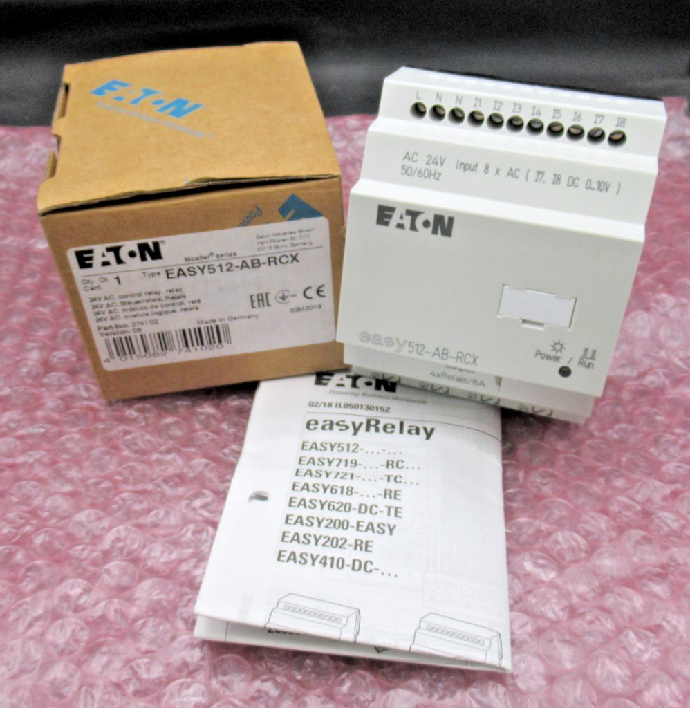 Eaton EASY512-AB-RCX Control Relay, 8 Digital Inputs, 4 Relay Outputs, 24VAC NEW