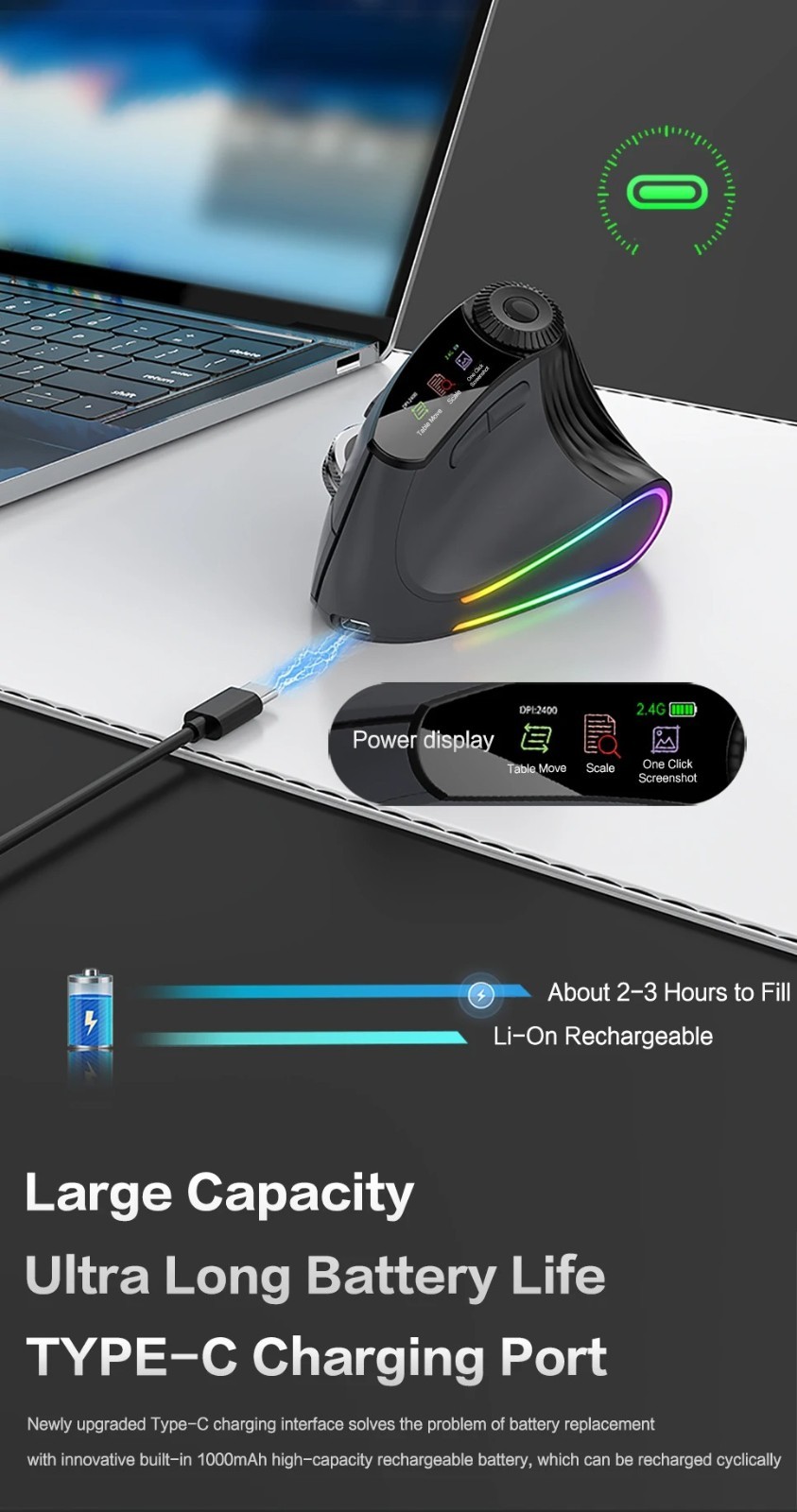 Backlit Wireless Ergonomic Mouse Bluetooth 2.4G Rechargeable w/ Smart Scroll