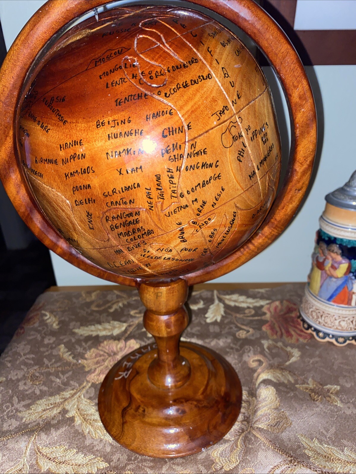 Handmade, Hand-painted Haitian Wooden Globe 16” Tall; Excellent Condition!