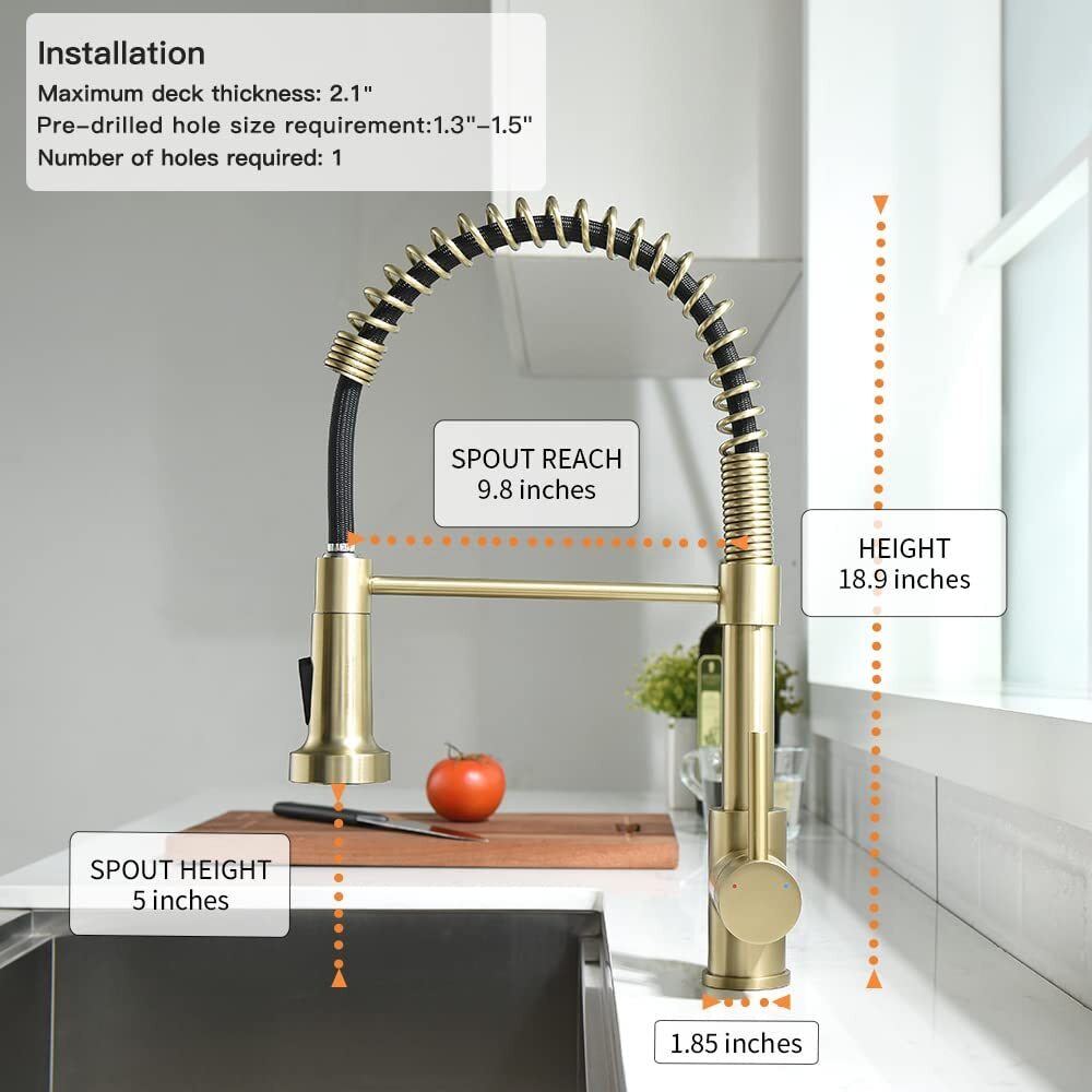 Brushed Gold Kitchen Faucet with Pull Down Sprayer Single Handle Spring Faucet