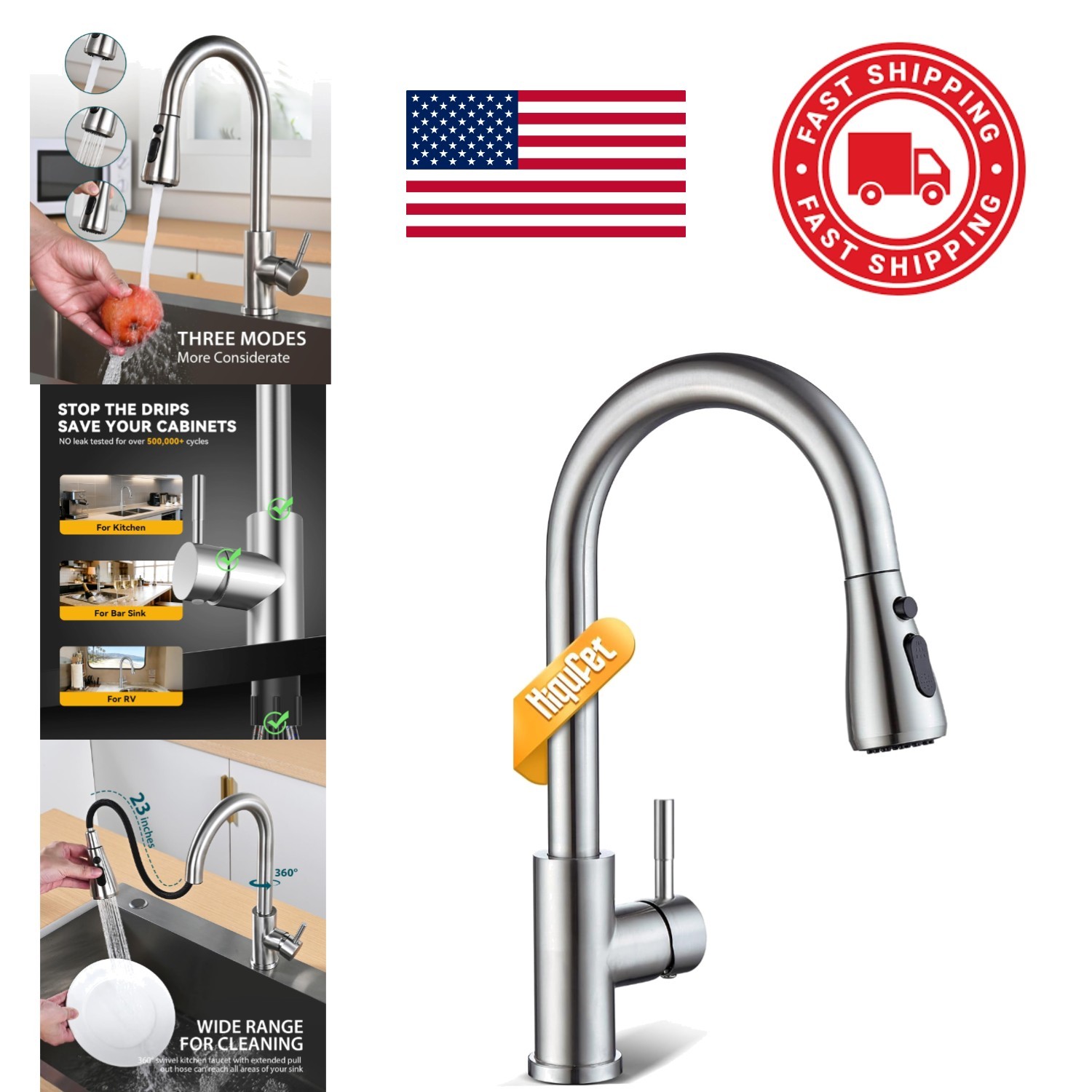 Easy Install Kitchen Faucet with 360 Swivel Pull Down Sprayer Stainless Steel