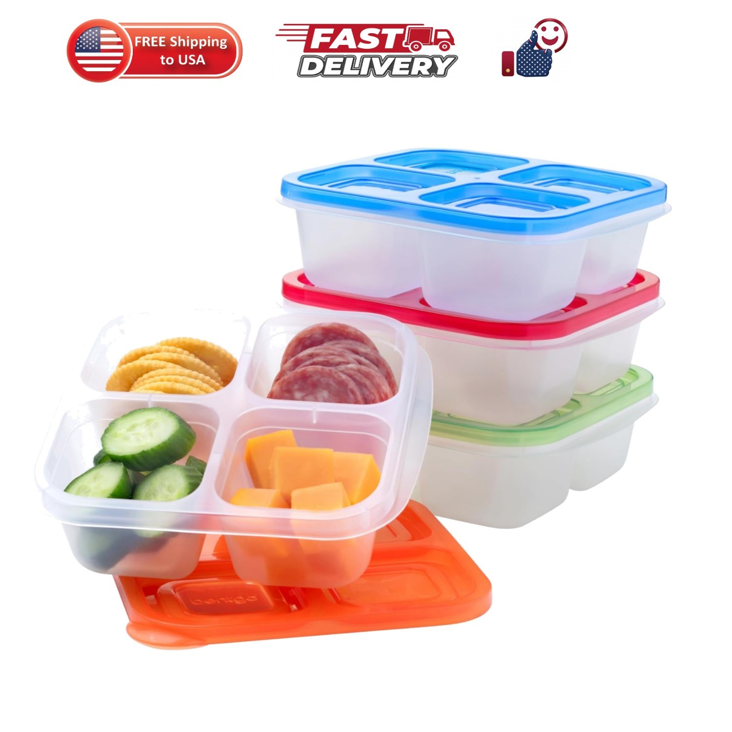 Easyboxes 4-Compartment Snack Containers - 8-Piece Set with 4 Trays & 4 Custo...