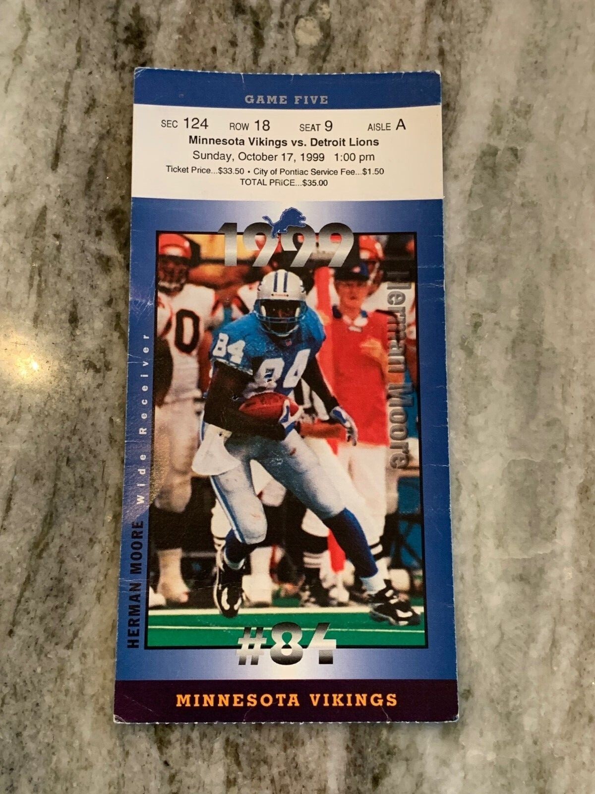 1999 Detroit Lions v Minnesota Vikings Football Ticket Jason Hanson 6 Field Goal