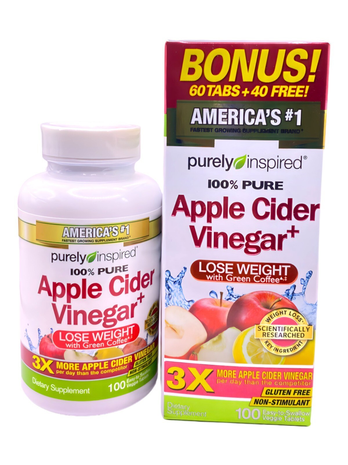 Purely Inspired Apple Cider Vinegar Weight Loss, Non Stimulant 100 Tablets