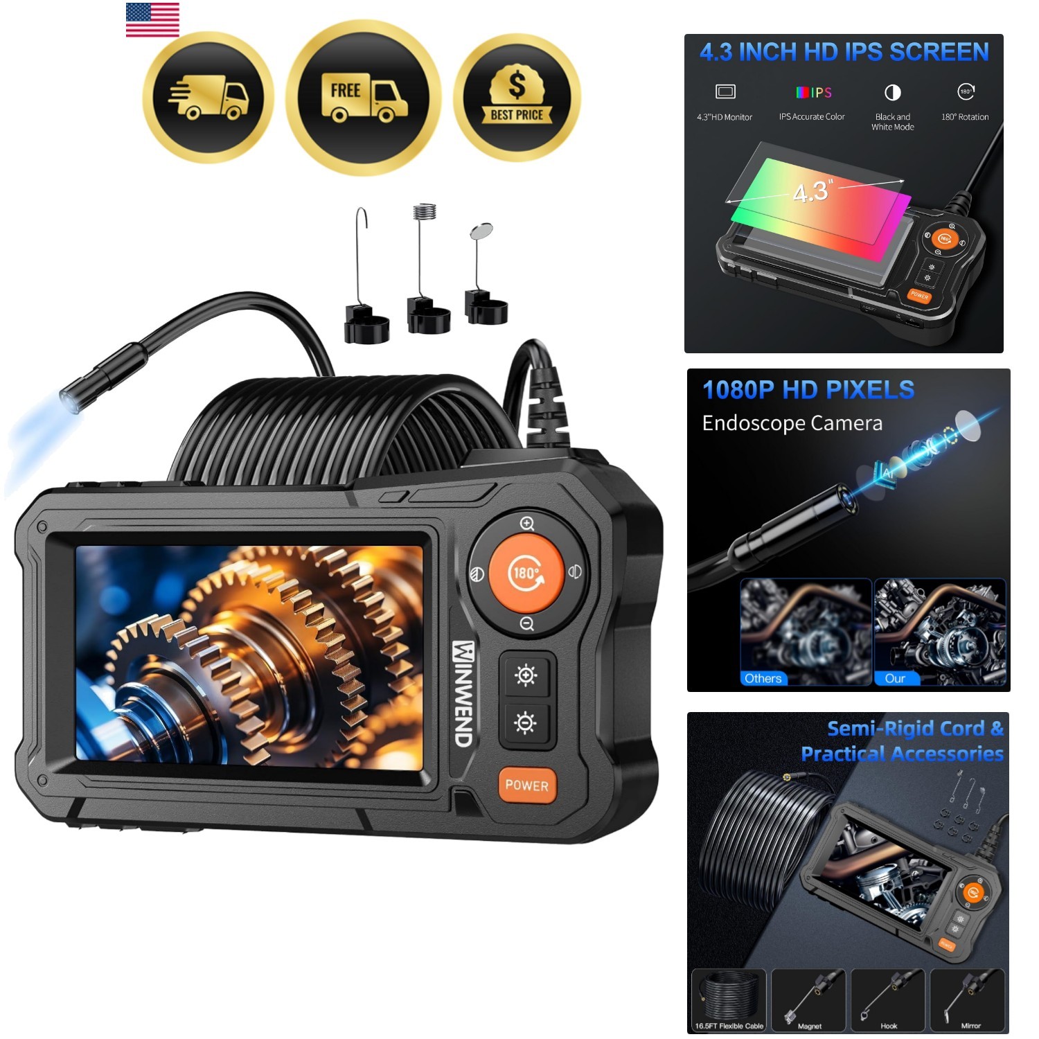 Endoscope Camera with Light - 4.3" LCD Screen Inspection Cameras, Waterproof ...