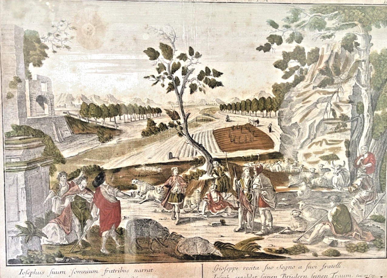 18th C Augsburg Probst Hand Colored Engraving Joseph Biblical Scene