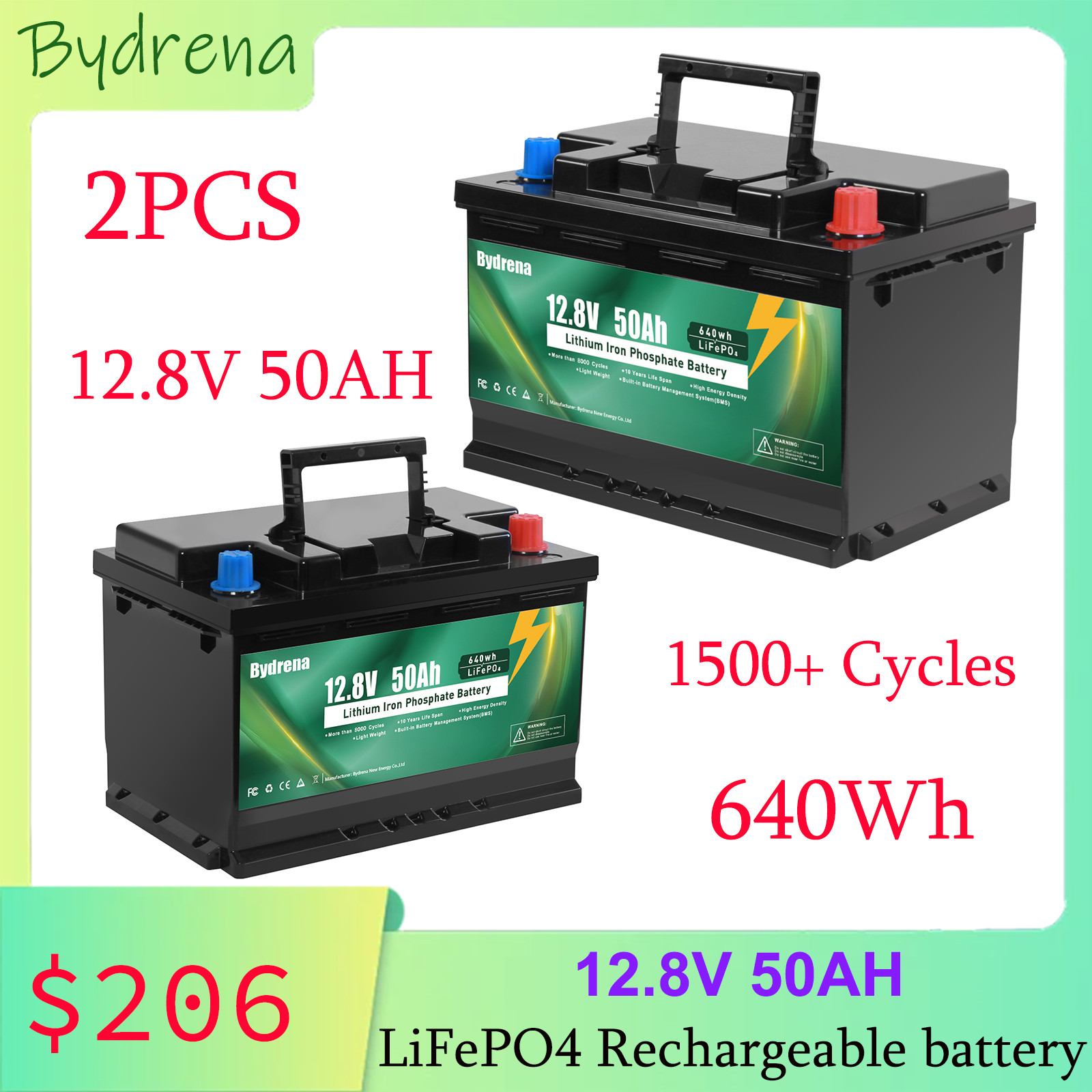2PCS 12.8V 50Ah LiFePO4 Deep Cycle Lithium Battery for RV Solar Camping Marine
