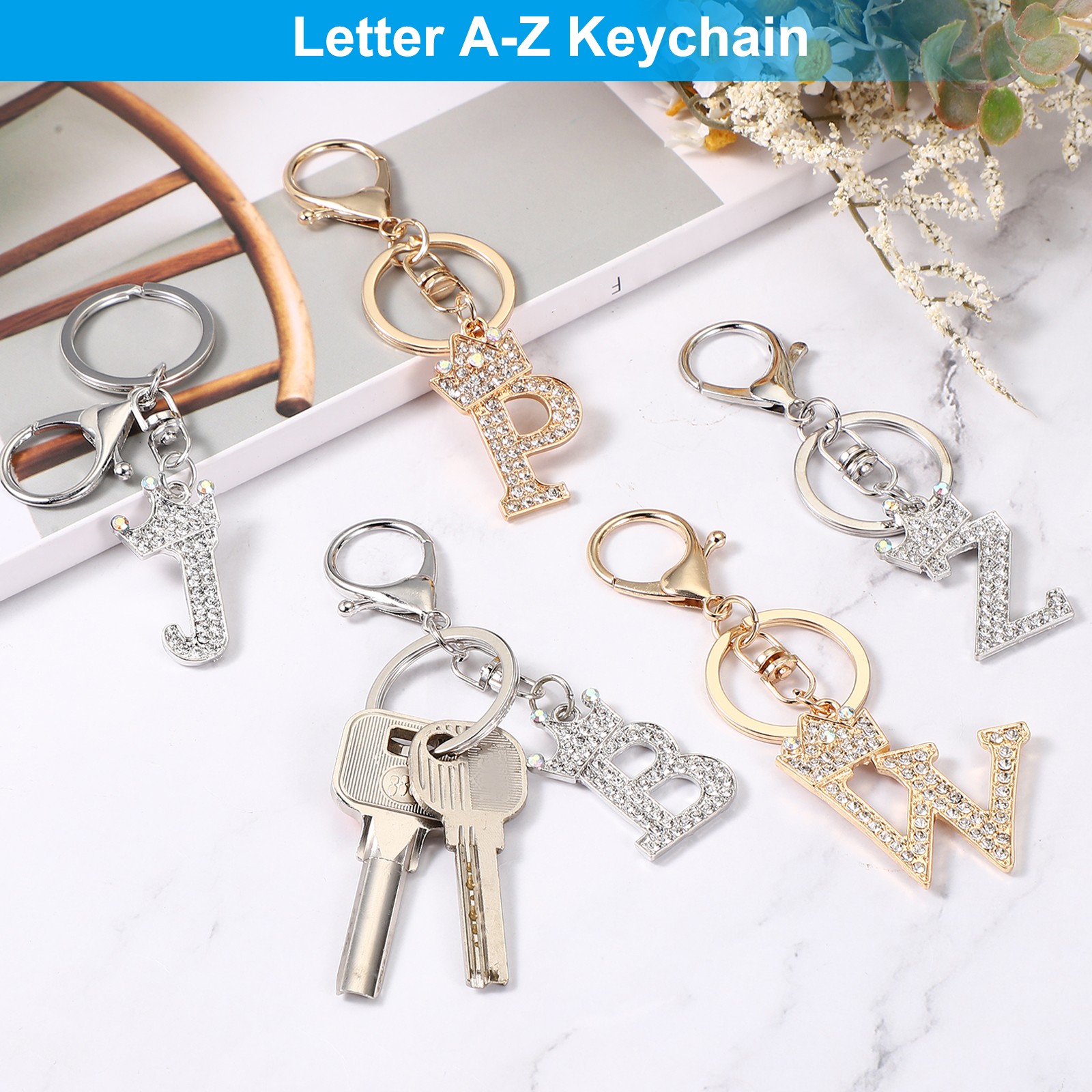 Initial Letter Keychain, 2 Pcs Letter R Crown Design Charm, Gold/Silver