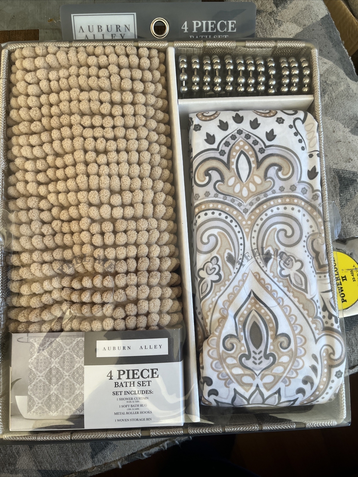 NEW AUBURN ALLEY 4-Piece BATH SET Shower Curtain, Rug, Hooks, Storage Box NIB