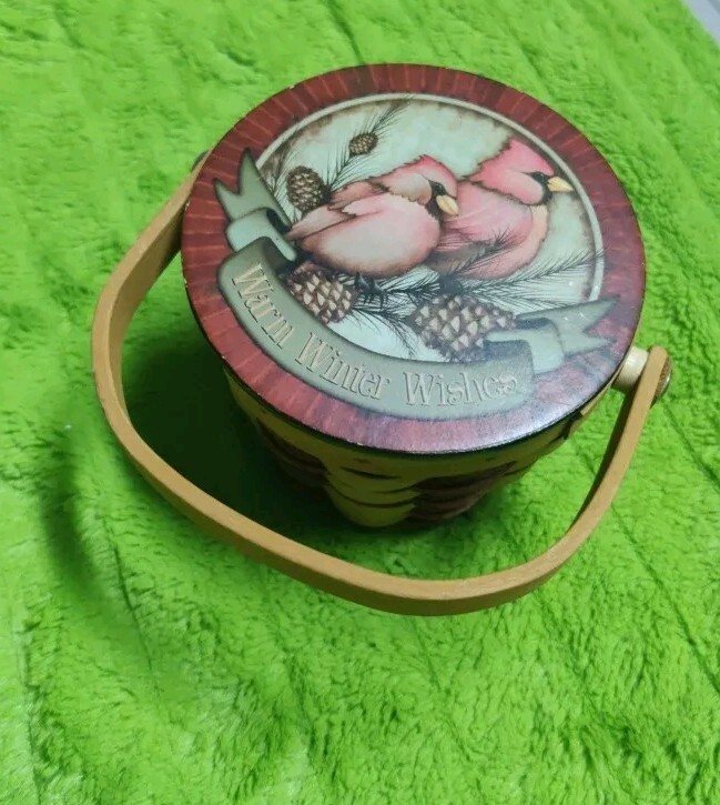 Cardinal Bird Small Woven Basket Wooden Lid Handle Christmas