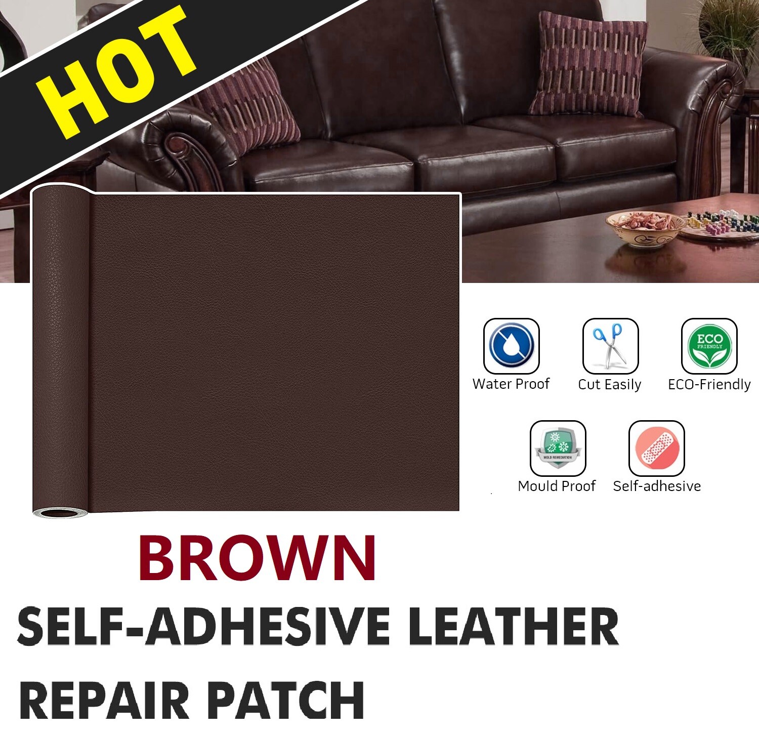 Self-Adhesive Leather Repair Patch Tape Brown Seats Couch Sofa Chair Jacket US