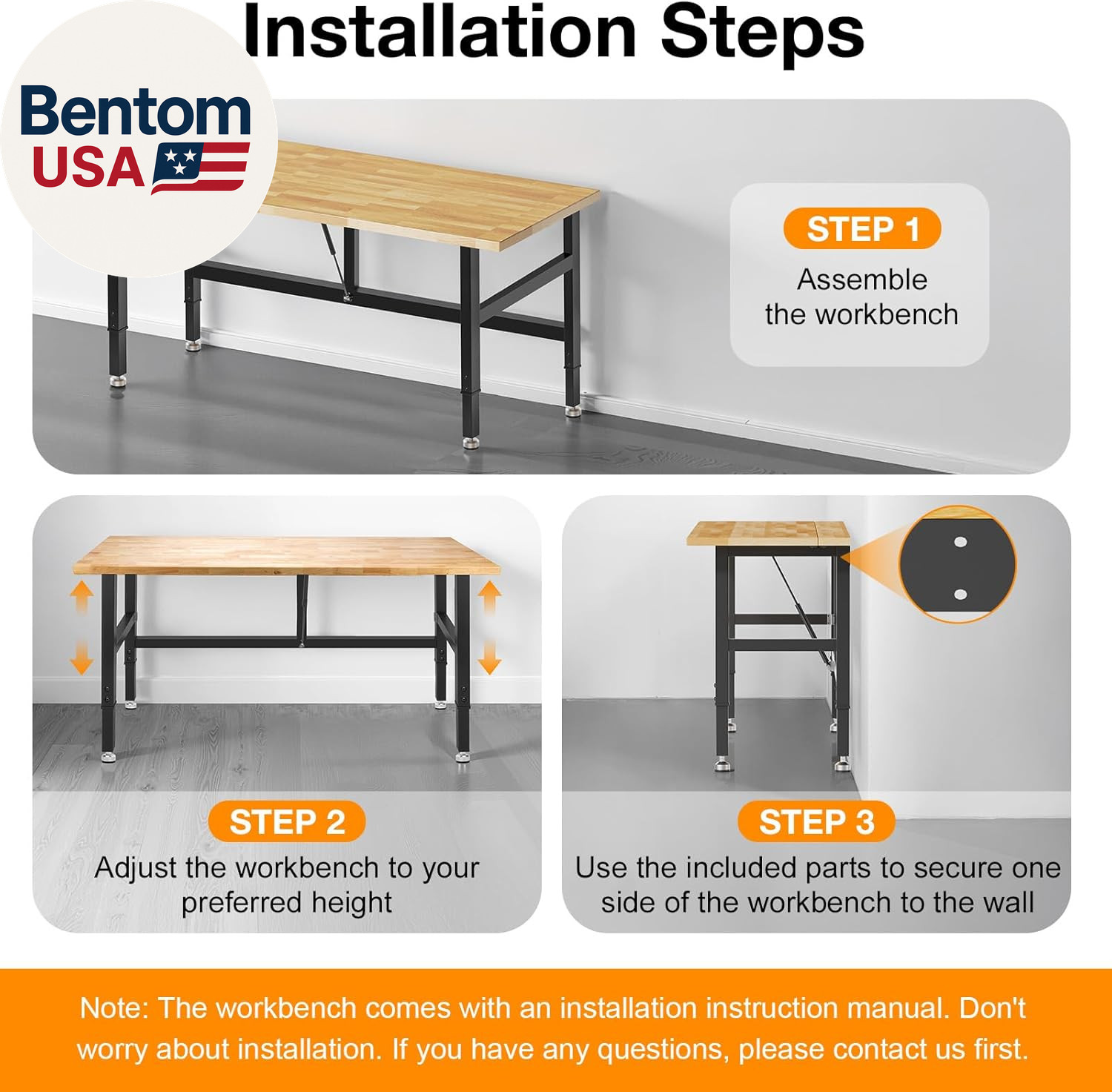 60” Folding Workbench, 2000 LBS Capacity Heavy Duty Workbench, Height Adjustable