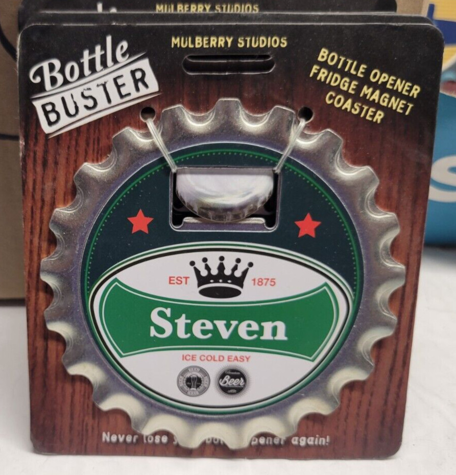 STEVEN PERSONALIZED MULTI GADGET BOTTLE OPENER MAGNET COASTER NEW - U