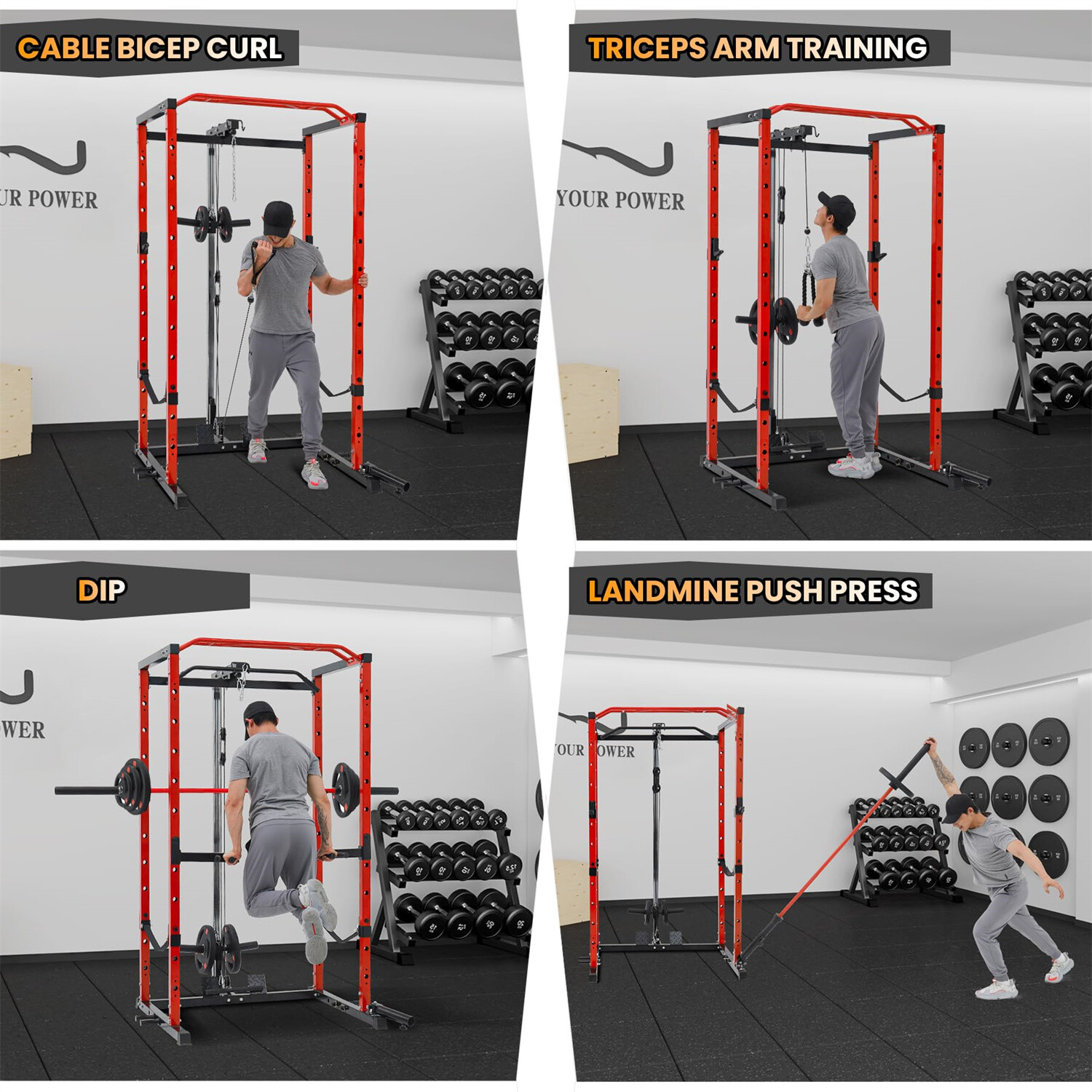 🔥1600LBS Power Cage with LAT Pulldown Multi-Functional Power Rack with J-Hooks