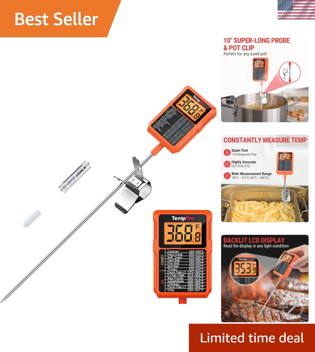 Waterproof Digital Candy Thermometer with Pot Clip, 10" Long Probe Instant Re...