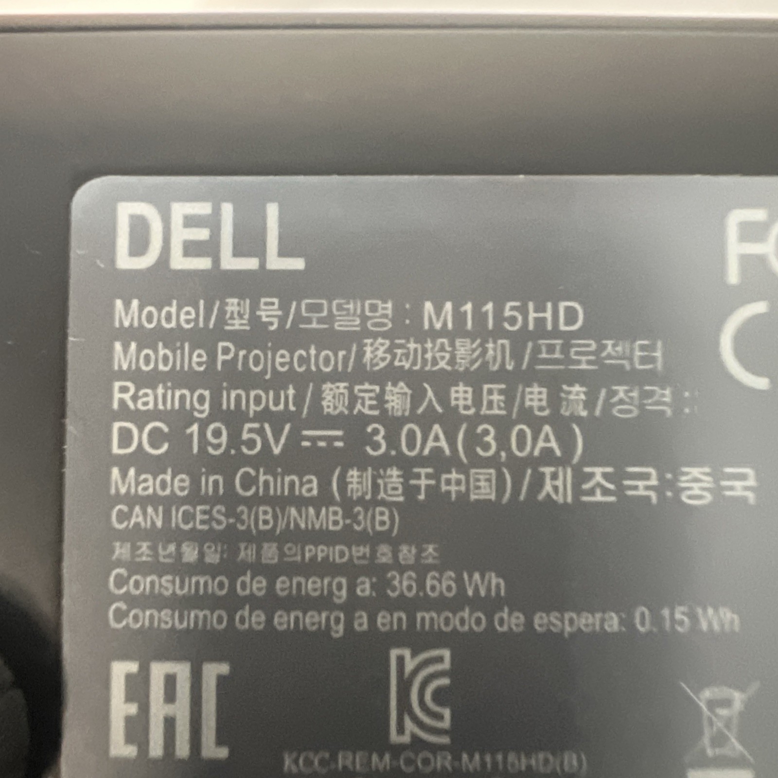 Dell Mobile Projector Black with Soft Case, Power Cable M115HD