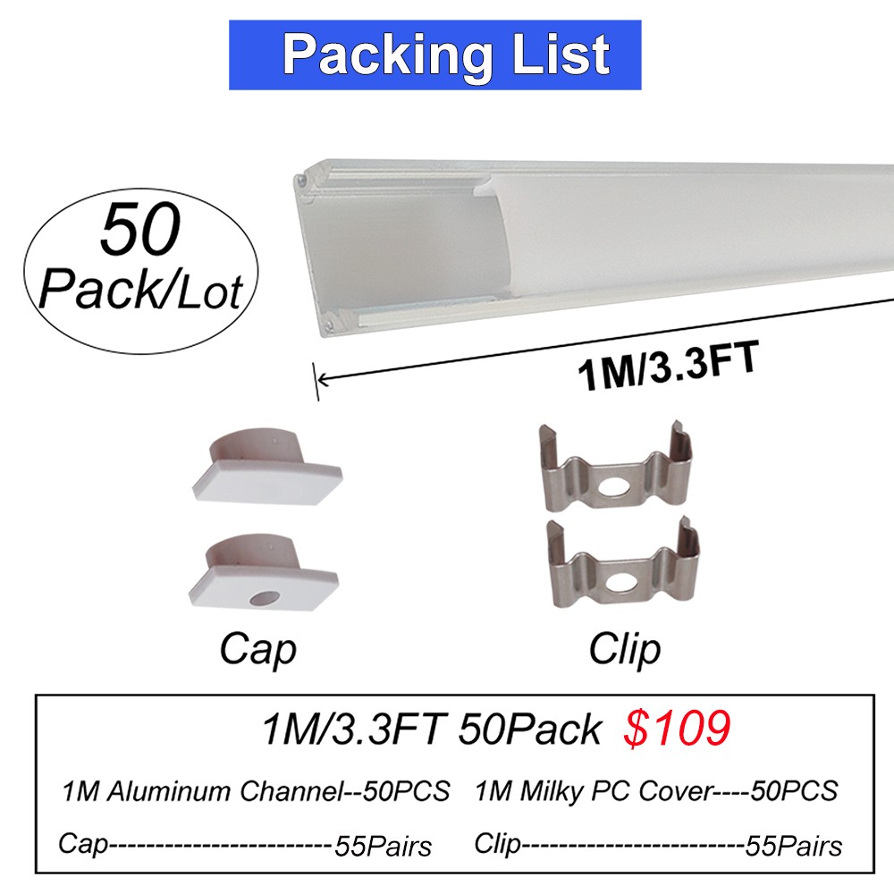50 Pack 3.3FT/1M Aluminum Channel Led Diffuser Track With Milky Cover U Type