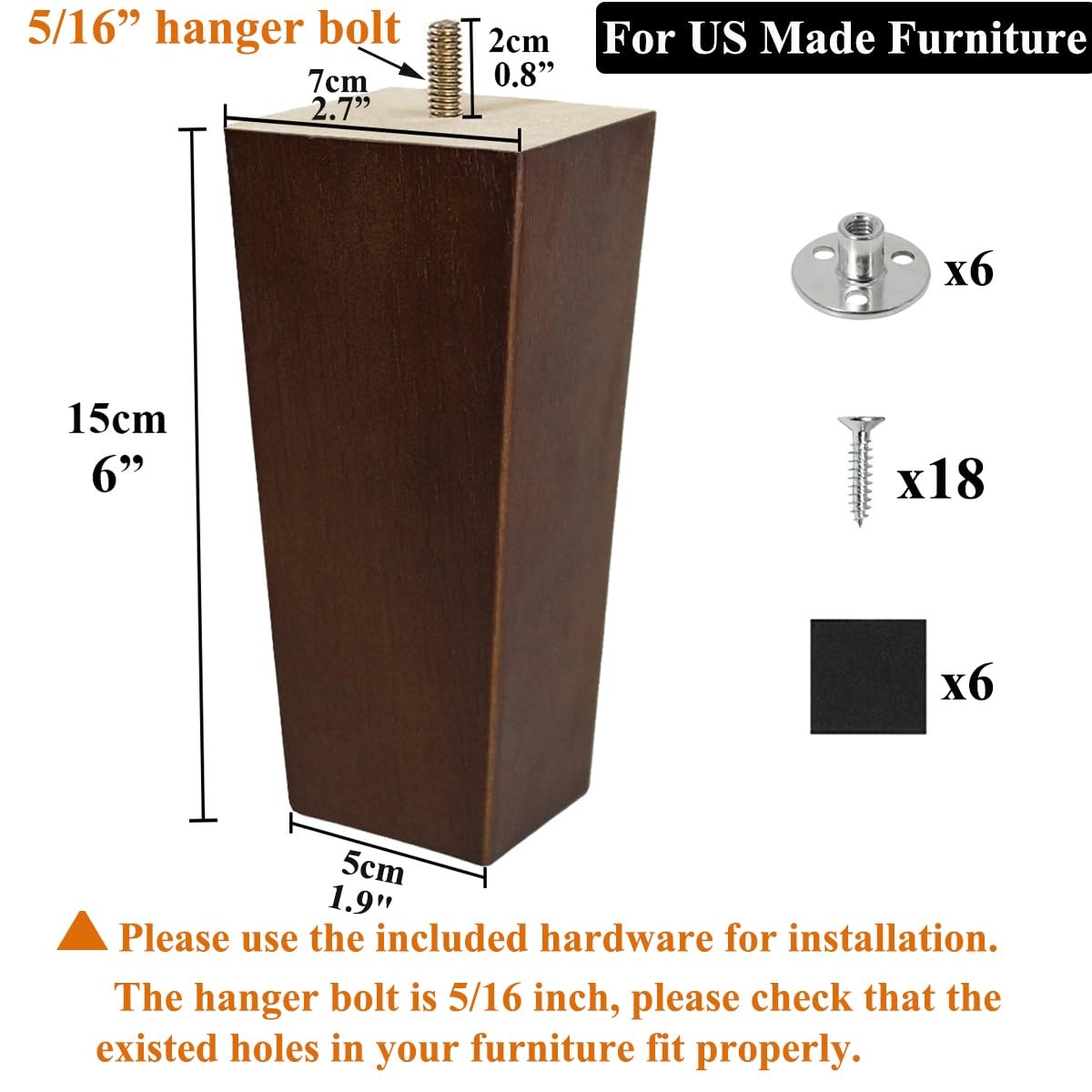 6" Wood Sofa Legs Set of 4 - Mid-Century Modern Brown Replacement for Furniture