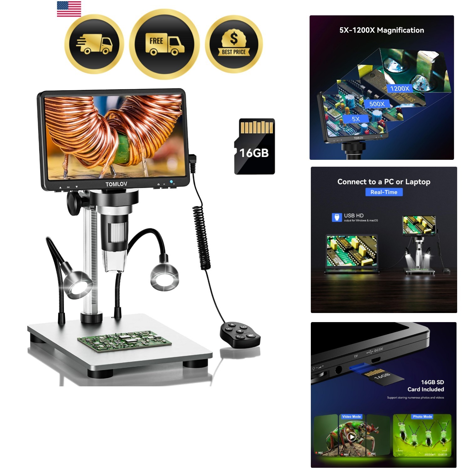 DM9 7" Digital Microscope: 1080P 1200X Coin Microscope Magnifier, 12MP Ultra-...