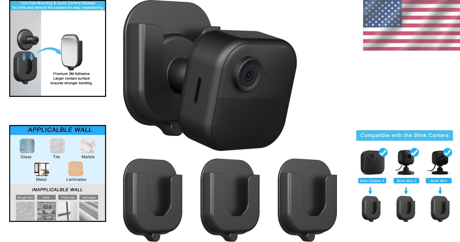3-Pack Adhesive Brackets for Blink Mini & 4th Gen, 360° Adjustability