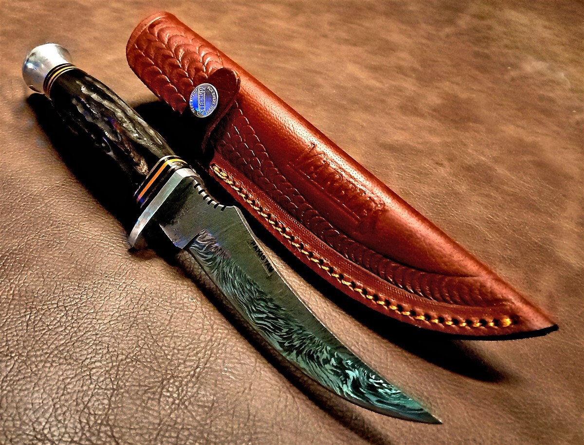 Real Damascus 9" Hunter Skinner Knife w/Bone Handle, Leather Sheath