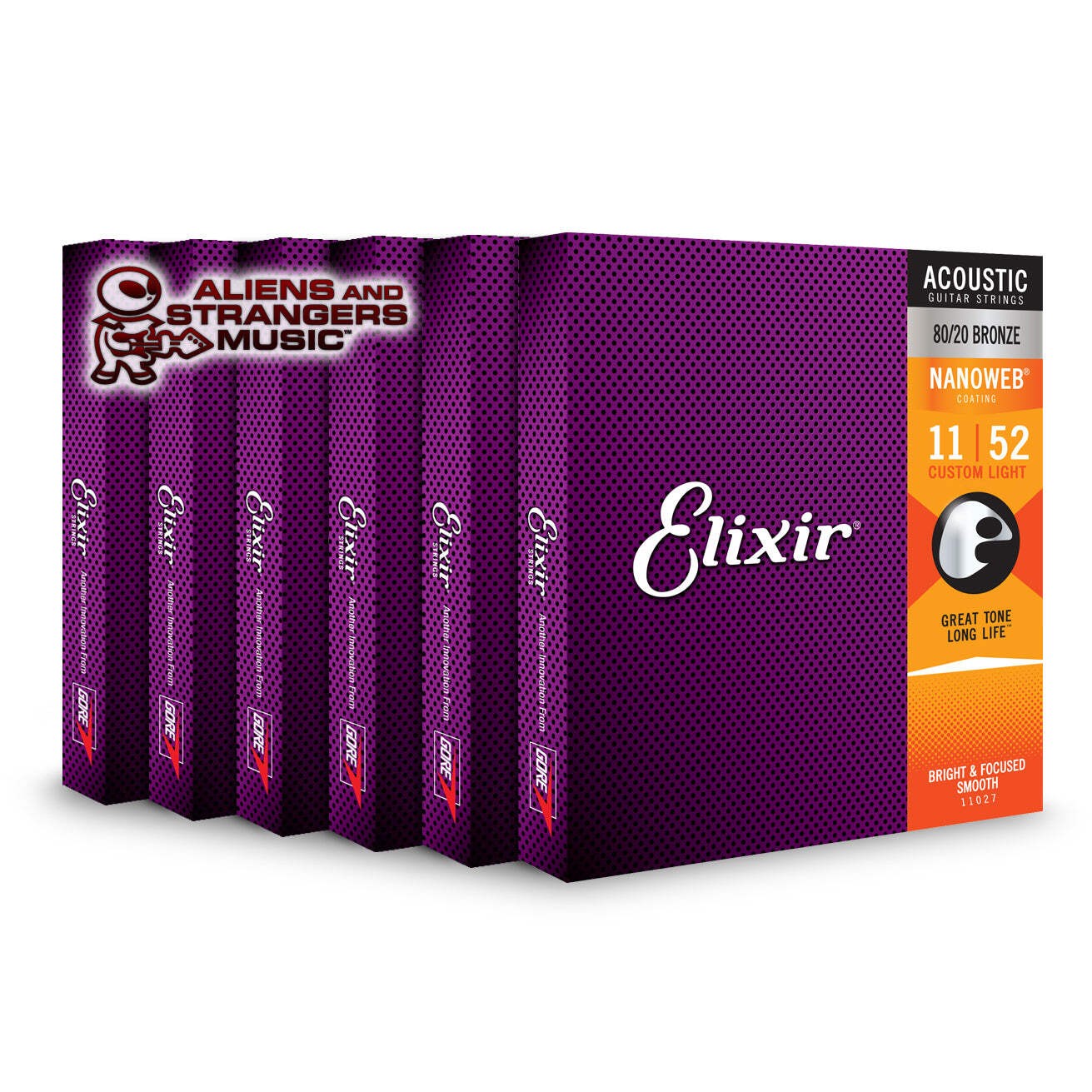 6 Sets! Elixir NANOWEB 80/20 Bronze Acoustic — 11027 Custom Light .011-.052