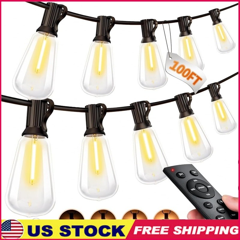 Dimmable Remote Control LED Outdoor String Lights 100FT Shatterproof Waterproof