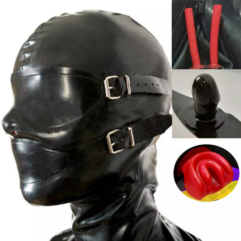 Latex Rubber Hood with Removable Eyes&Mouth Mask&Back Zipper Fetish Club Wear US