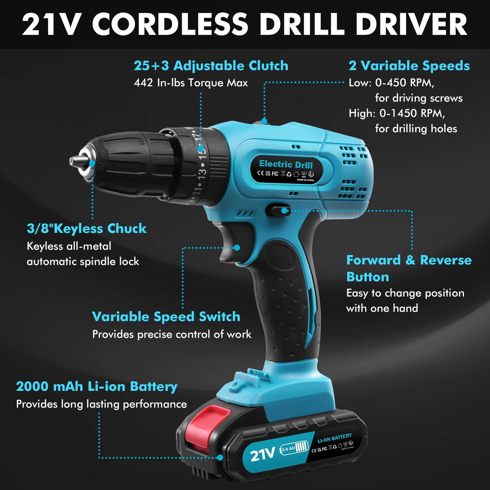 21V Cordless Drill Screwdriver Battery Driver Electric W/ 2 Batteries