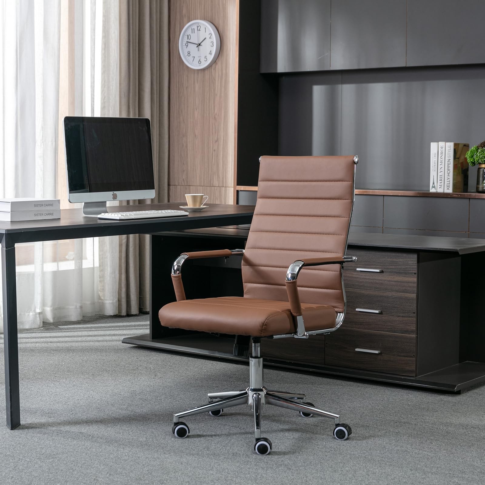 Office Chair Ergonomic High Back Adjustable Swivel Chair with Arms Brown Leather