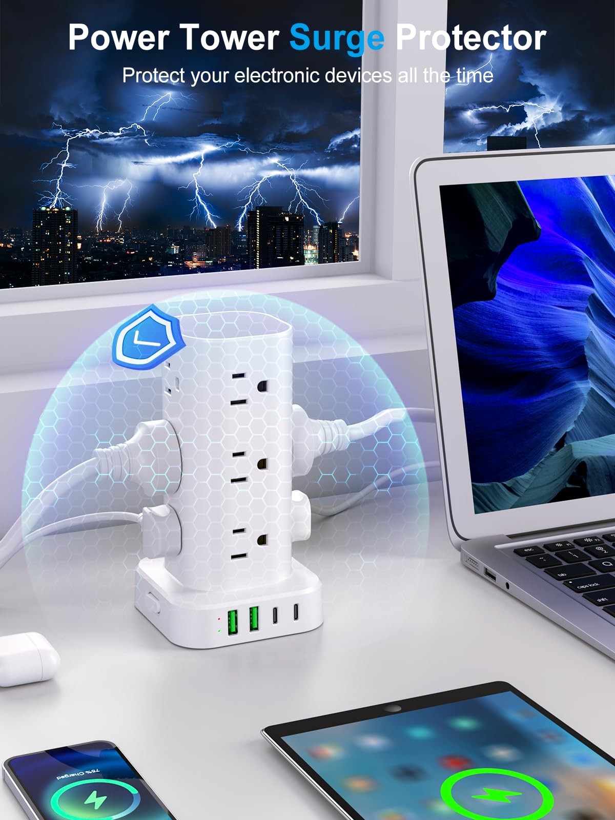 Power Strip Tower with Multiple Outlets, 6FT without Wireless Charging, White