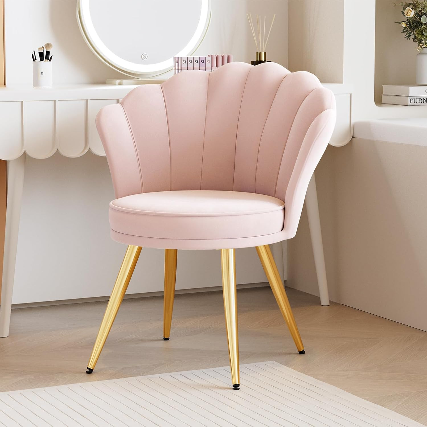Velvet Accent Chair with Gold Metal Legs, Vanity Chair for Makeup Room, Upholste