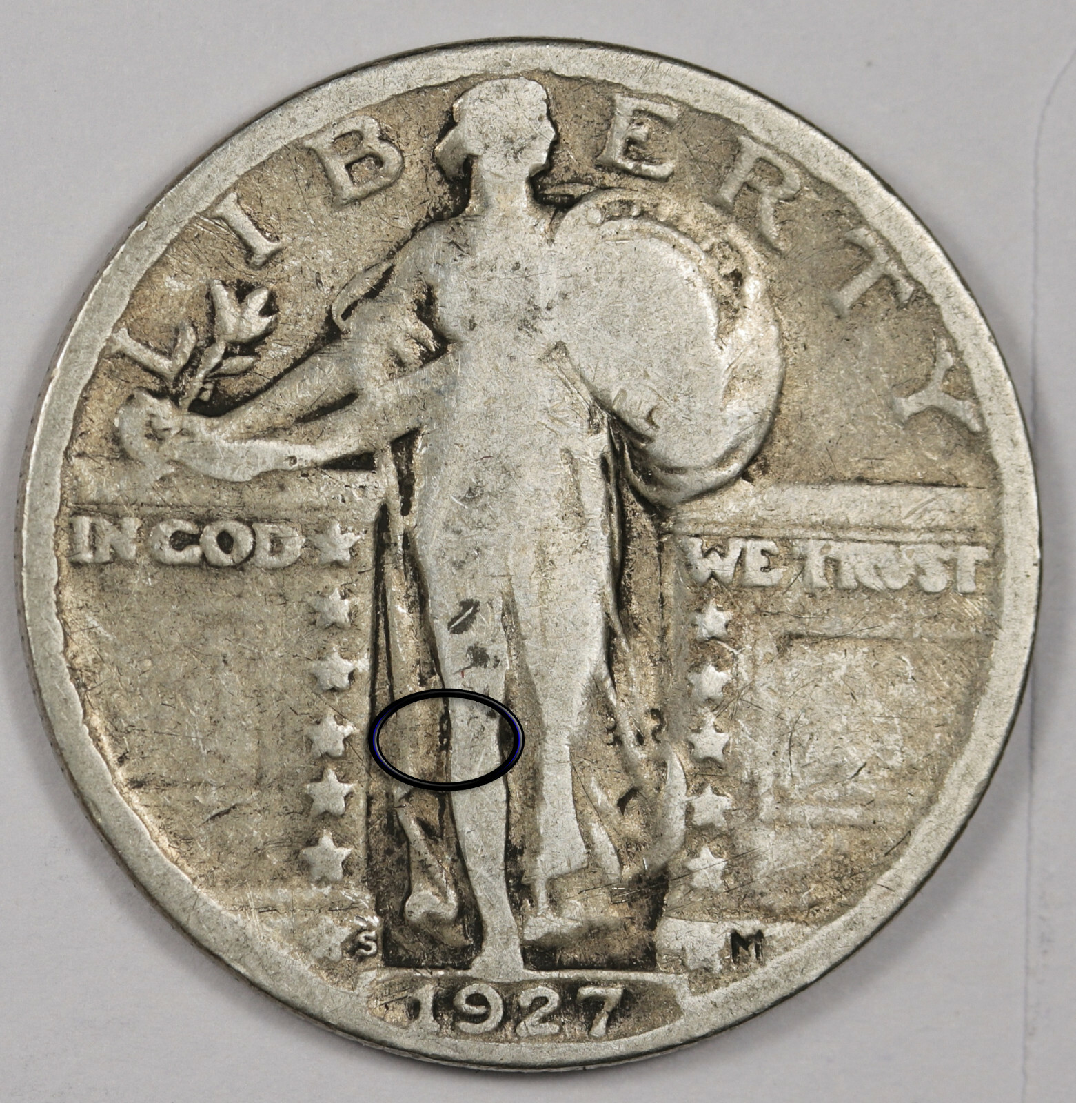 1927-s Standing Liberty Quarter.  Error Clashed "E".  VG.  162916