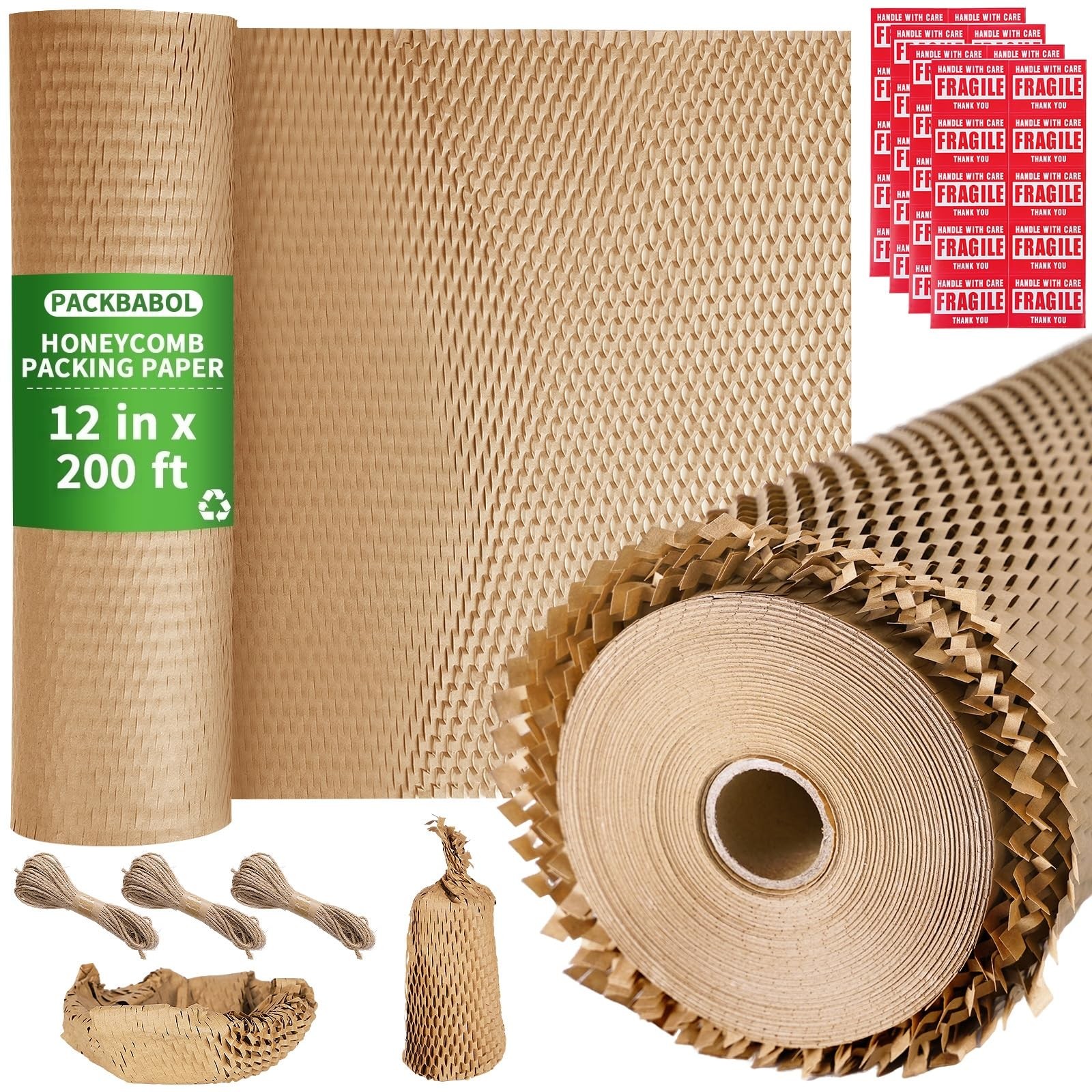 Honeycomb Packing Paper 12" x 200 Ft Recyclable Cushion Wrap 40 Fragile Labels