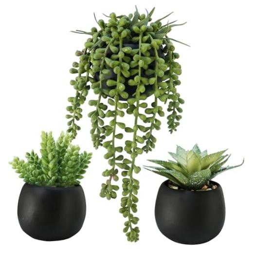 Set of 3 Artificial Succulents Plants in Black Cement Black Cement Pots